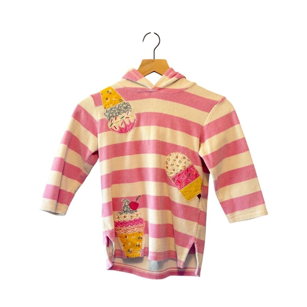Mini Boden Girls Pink Striped Terry Cloth Ice Cream Cupcake Toweling Hoodie 5-6Y
